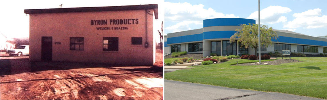 two photos side by side. photo on the left is a picture of the first byron products building and the photo on the right is a picture of the current byron products building